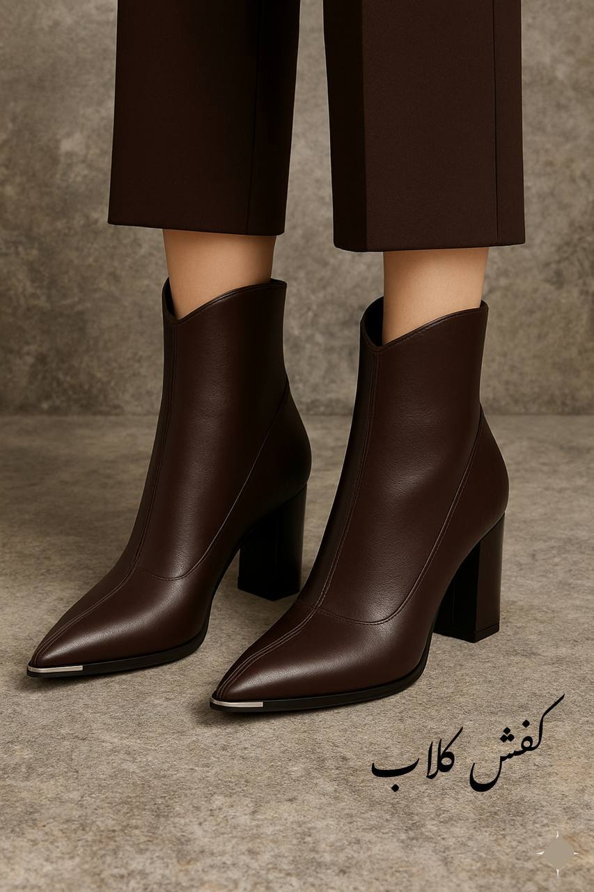 بوت نوک فلزی ساده زنانه (پاشنه ۷ سانتی) با ترکیب چرم و فلز